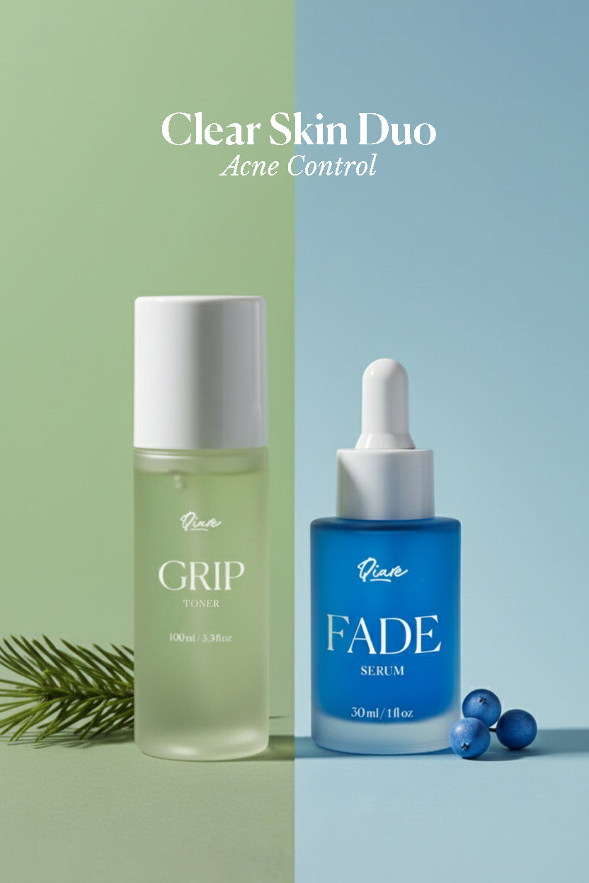 Qiare Clear Skin Duo – acne skincare set with clarifying toner and acne serum.