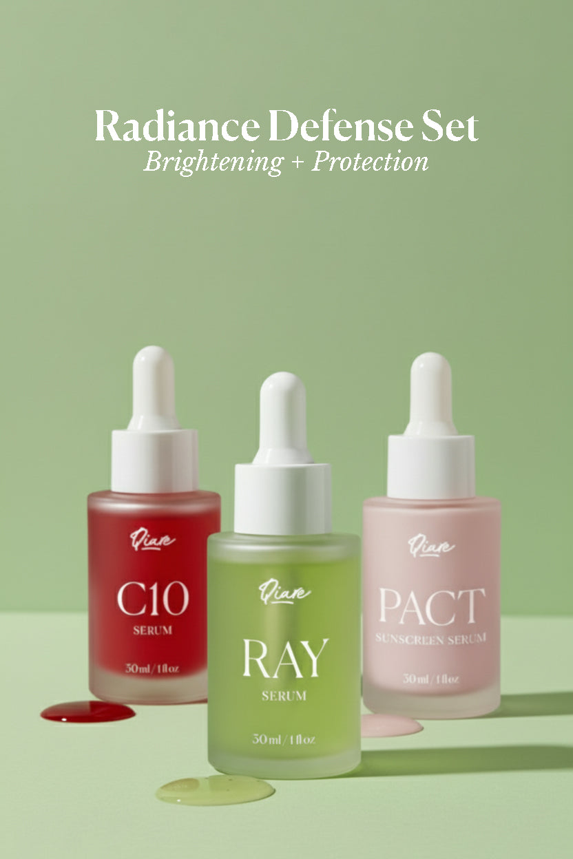 Qiare Radiance Defense Set brightening skincare kit with Vitamin C, exfoliating serum, and SPF 60 sunscreen.