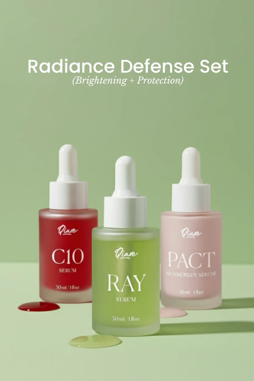 Qiare Radiance Defense Set brightening skincare kit with Vitamin C, exfoliating serum, and SPF 60 sunscreen.
