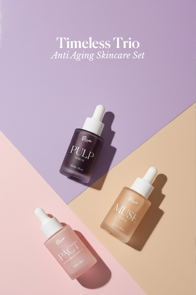 Qiare Timeless Trio Hero Shot – skincare set to smooth fine lines, hydrate, and defend against UV.